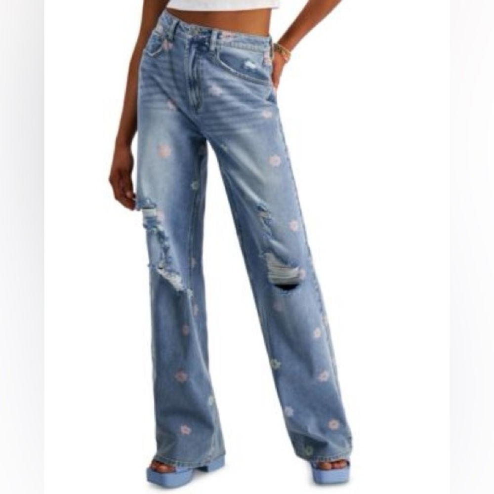 Tinseltown Floral Wide Leg Jeans Size 7 High Rise Distressed Y2K Light Wash